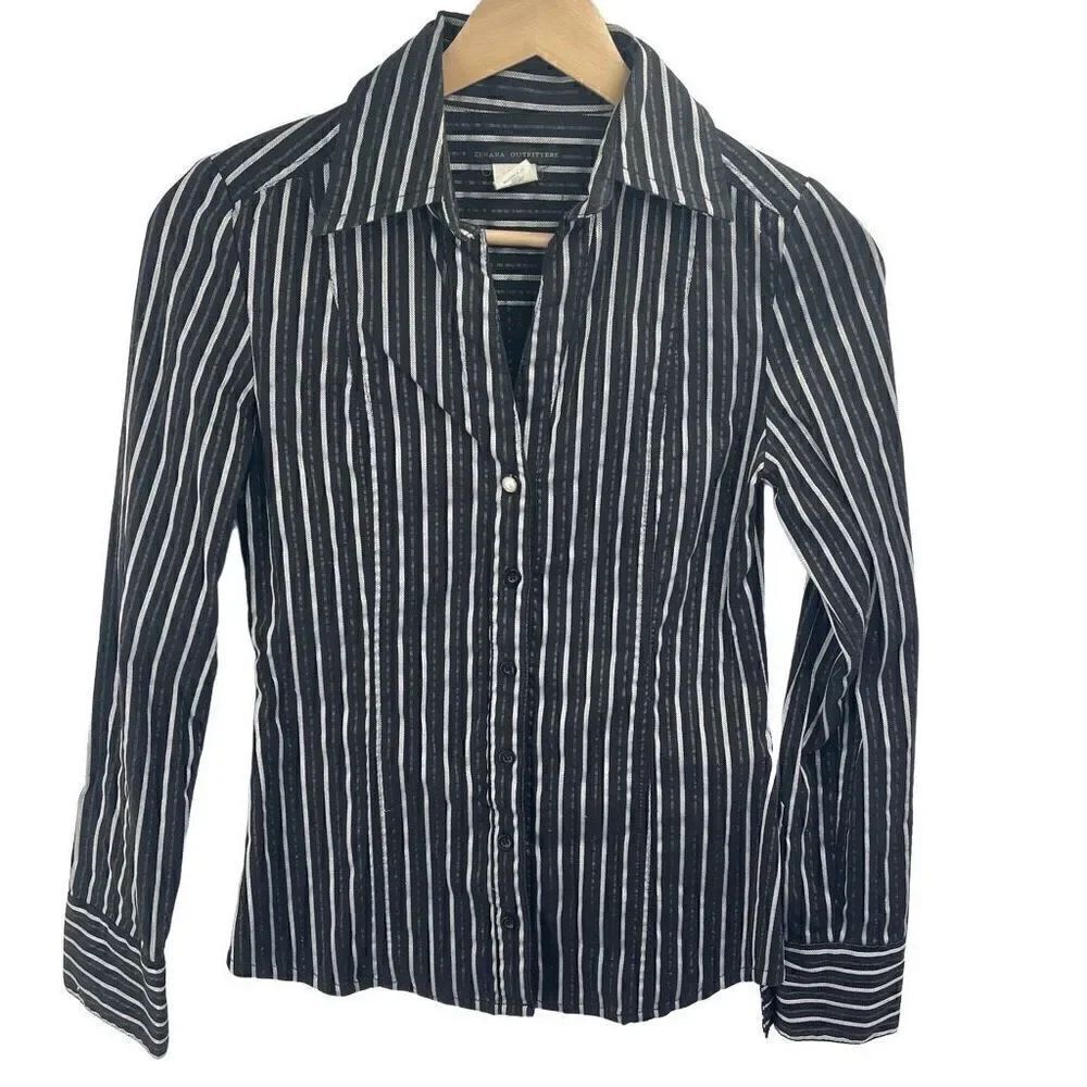 Zenana Outfitters Women's Button Down Dress Shirt Top Stripes Black Size Small